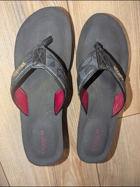 Coach Black Flip Flop Sandals with Red Accents
